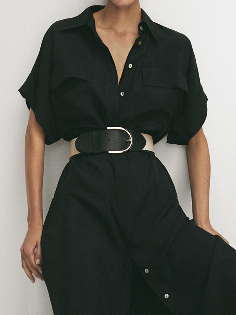Commense Polo Pockets Tied Midi Dress